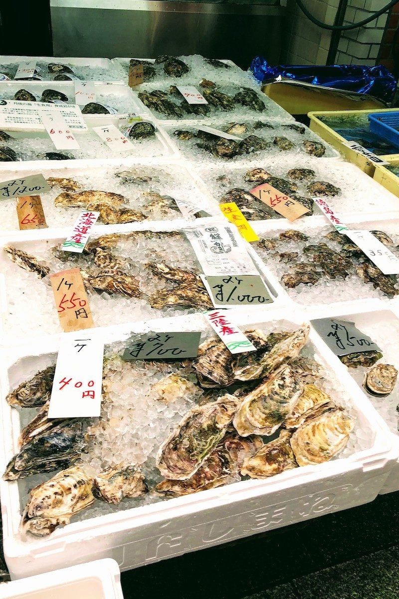 varieties of oyster in ice - Osaka Guide: Kuromon Ichiba Market and Kitchenware Street | www.justonecookbook.com