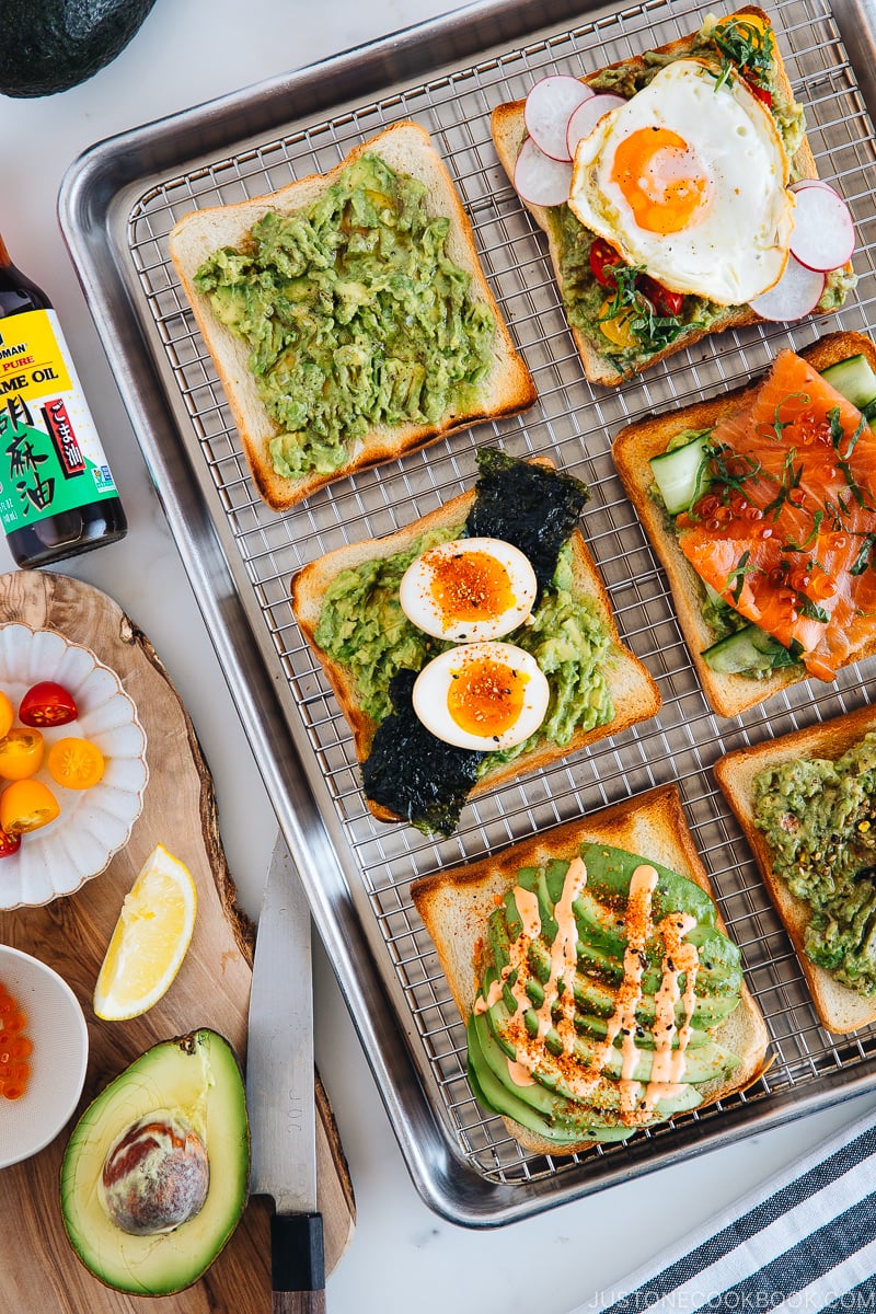 6 Japanese Twists on Avocado Toast on baking sheet