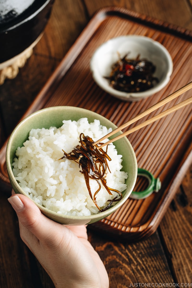 Simmered kombu over steamed rice.