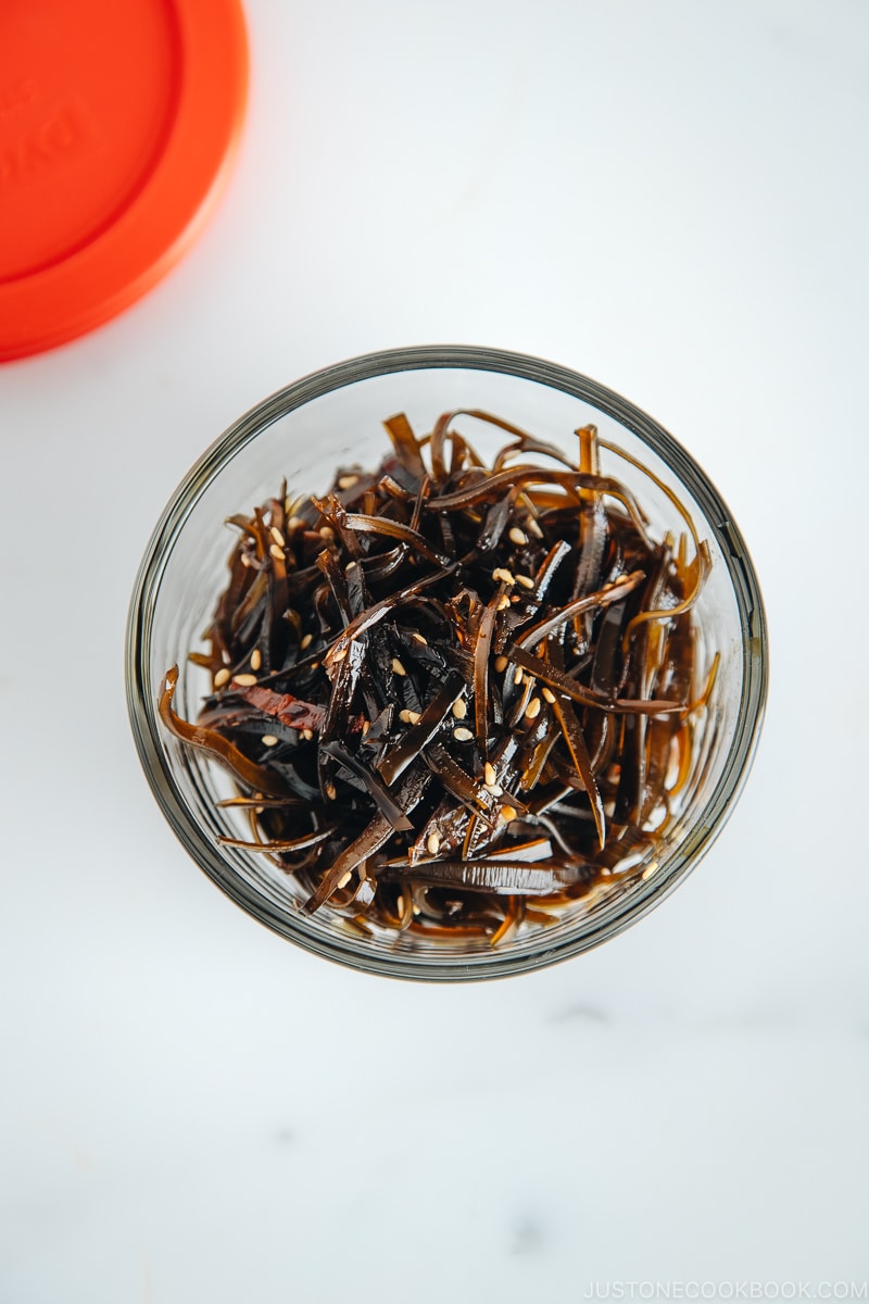 Simmered kombu in an airtight glass container.