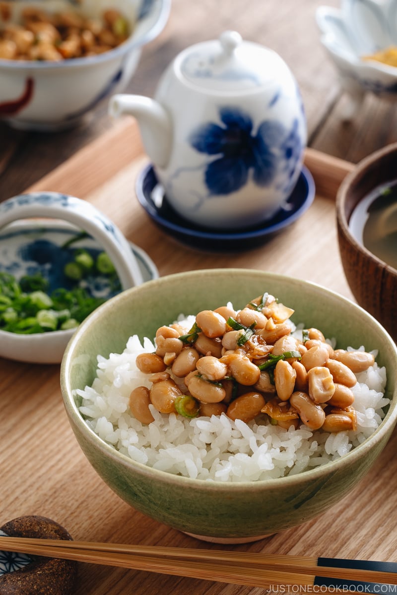 Natto served on the steamed rice during Japanese styled breakfast.
