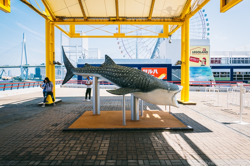 statue of whale share in front of Kaiyukan - Osaka Guide: Tempozan Harbor Village | www.justonecookbook.com