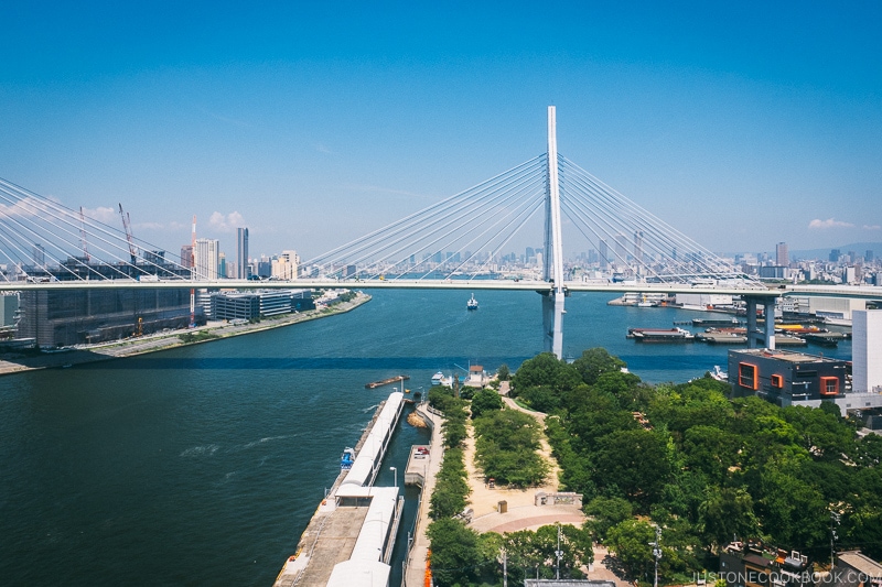 view of Tempozan Park and Mt. Tempozan view of downtown Osaka and Tempozan bridge from the giant Ferris wheel - Osaka Guide: Tempozan Harbor Village | www.justonecookbook.com