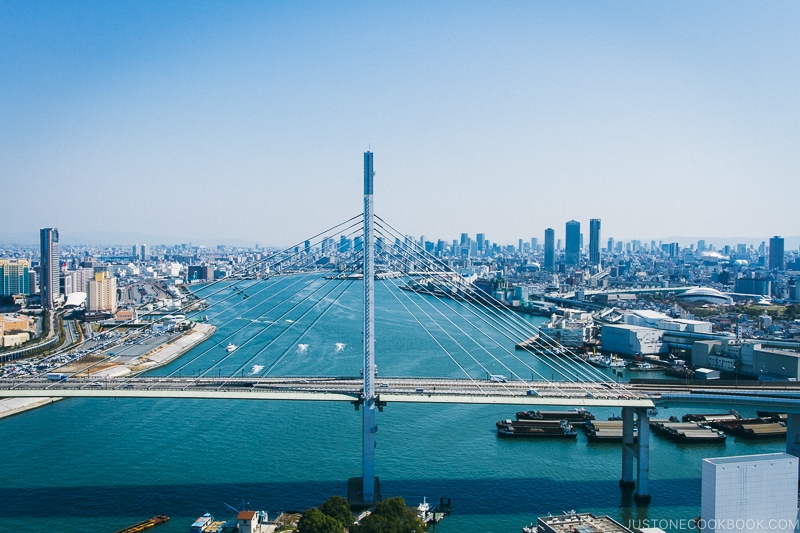 view of downtown Osaka and Tempozan Bridge from the giant Ferris wheel - Osaka Guide: Tempozan Harbor Village | www.justonecookbook.com