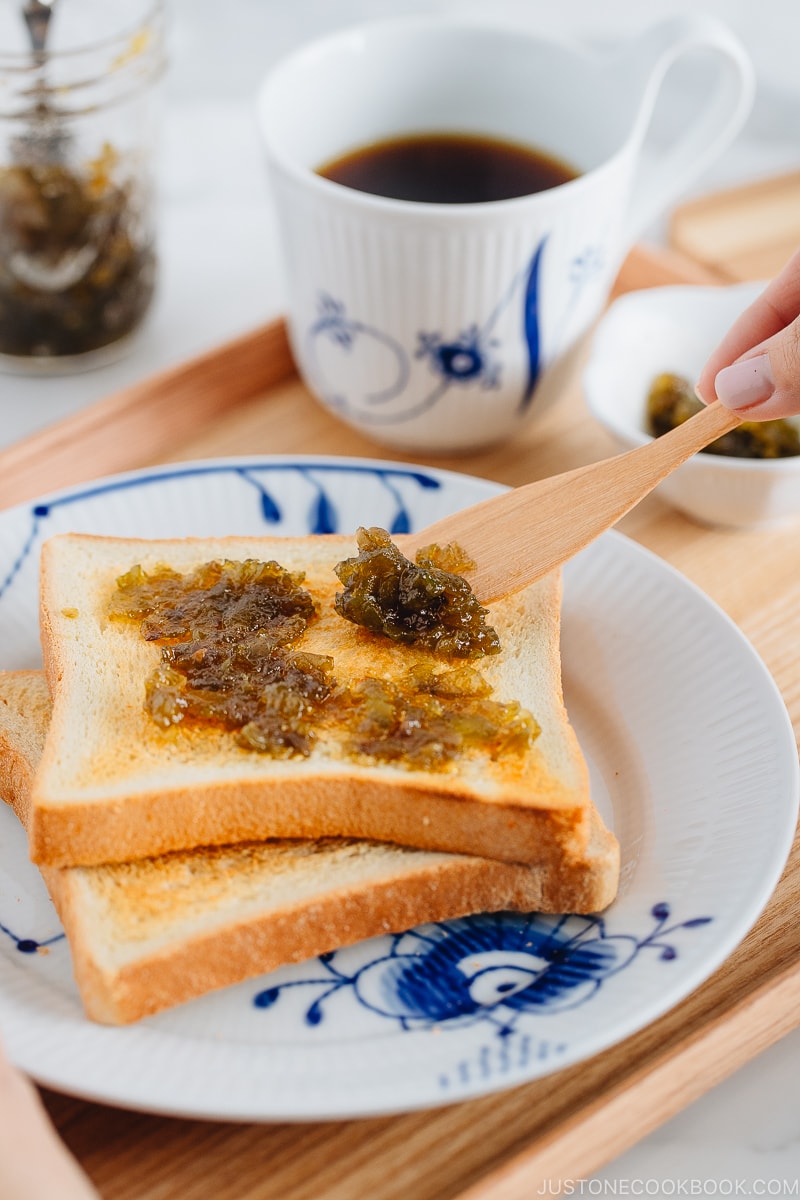 Plum jam spread onto the toasted Japanese milk bread.