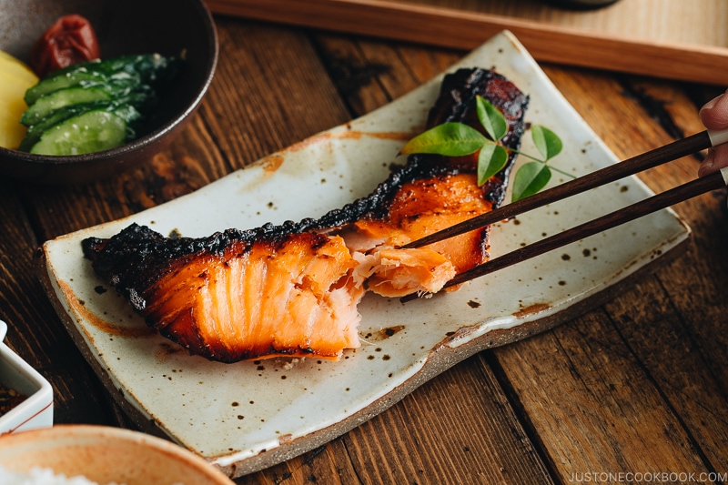 Salmon kasuzuke served on a Japanese plate.