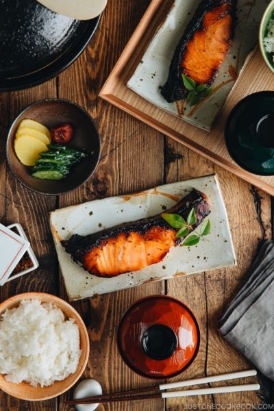 Salmon kasuzuke served on a Japanese plate.