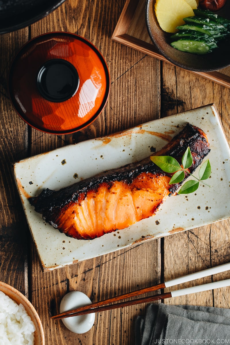 Salmon kasuzuke served on a Japanese plate.