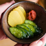 Sake lees pickles (Kasuzuke) in a Japanese bizen bowl.