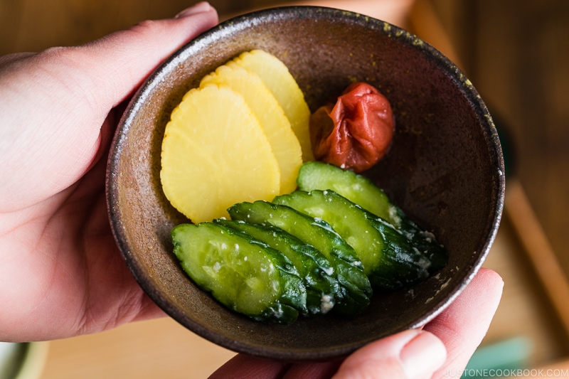 Sake lees pickles (Kasuzuke) in a Japanese bizen bowl.