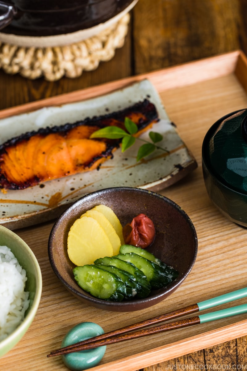 Sake lees pickles (Kasuzuke) in a Japanese bizen bowl.