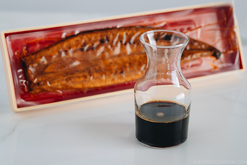 Homemade unagi sauce in a glass jar.