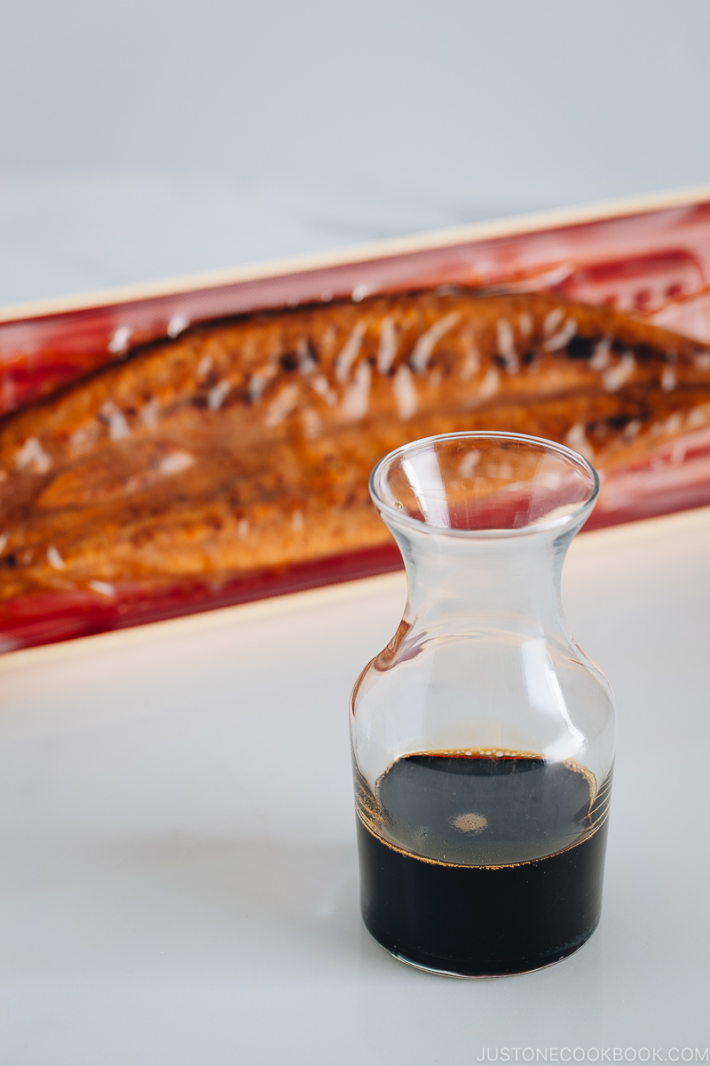 Homemade unagi sauce in a glass jar.