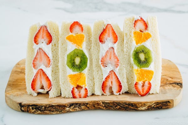 Japanese Fruit Sandwiches on a wooden board.