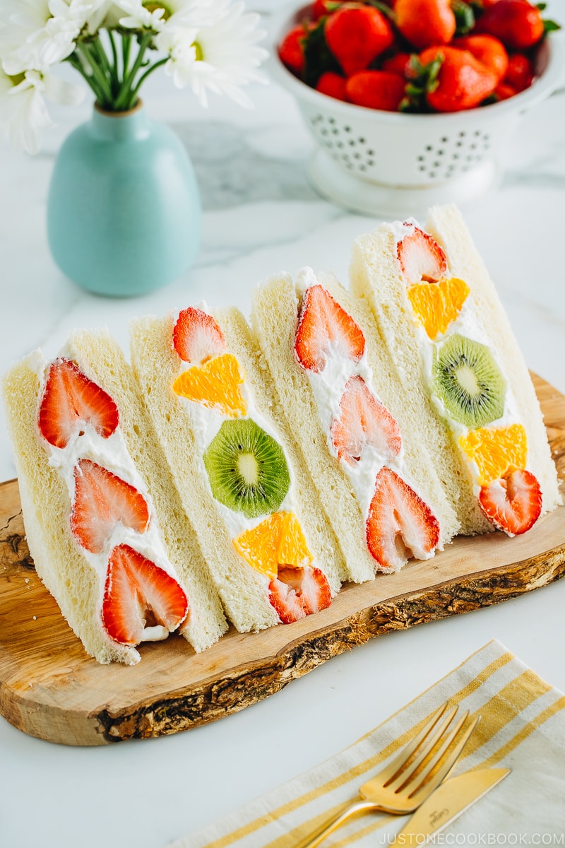 Japanese Fruit Sandwiches on a wooden board.