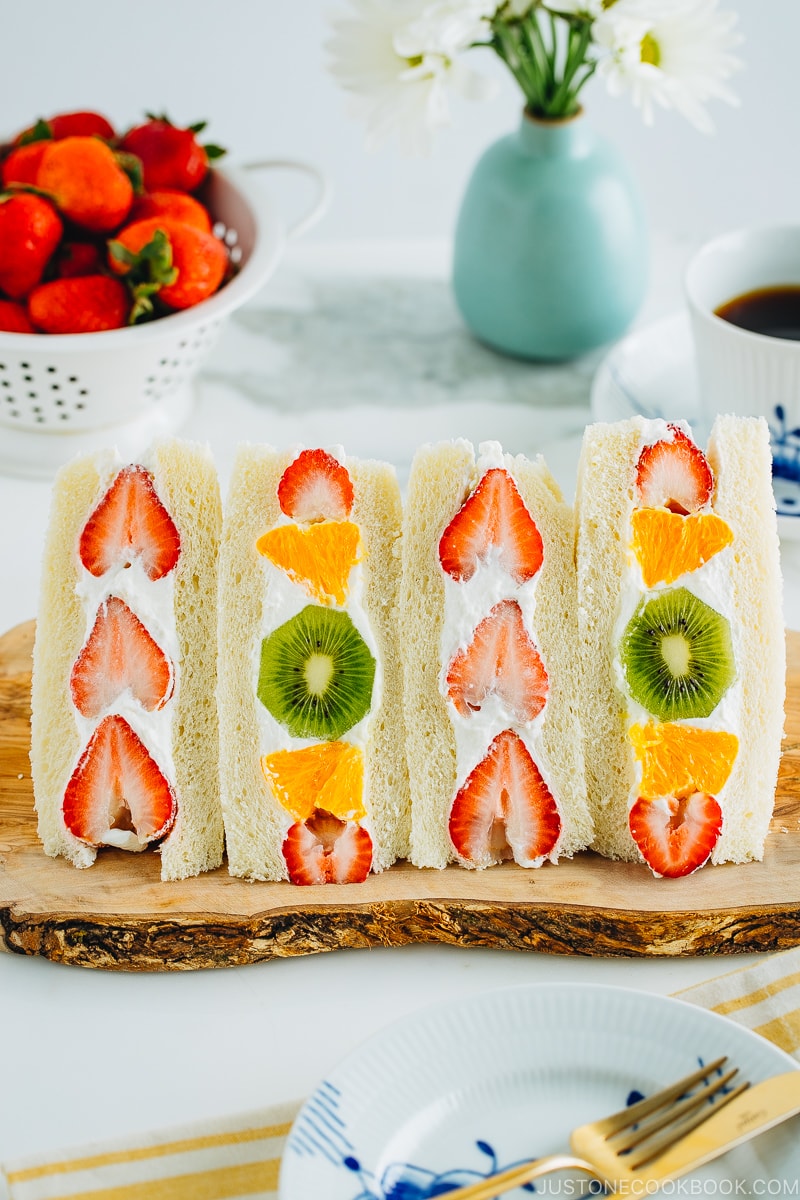 Japanese Fruit Sandwiches on a wooden board.