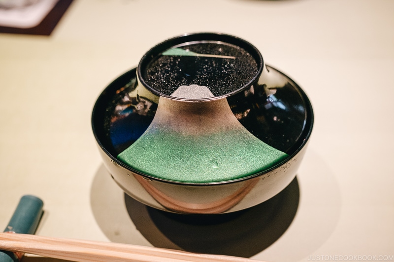 a bowl with decoration of Mount Fuji - Kaiseki Ryori: The Art of the Japanese Refined Multi-course Meal | www.justonecookbook.com