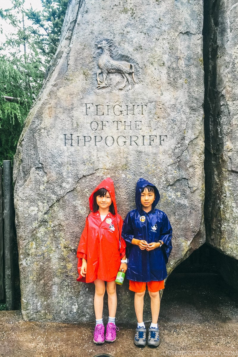 children standing in front of Flight of the Hippogriff sign - Osaka Guide: Universal Studios Japan | www.justonecookbook.com