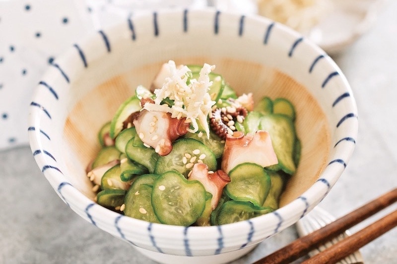 Octopus and cucumber salad in a bowl