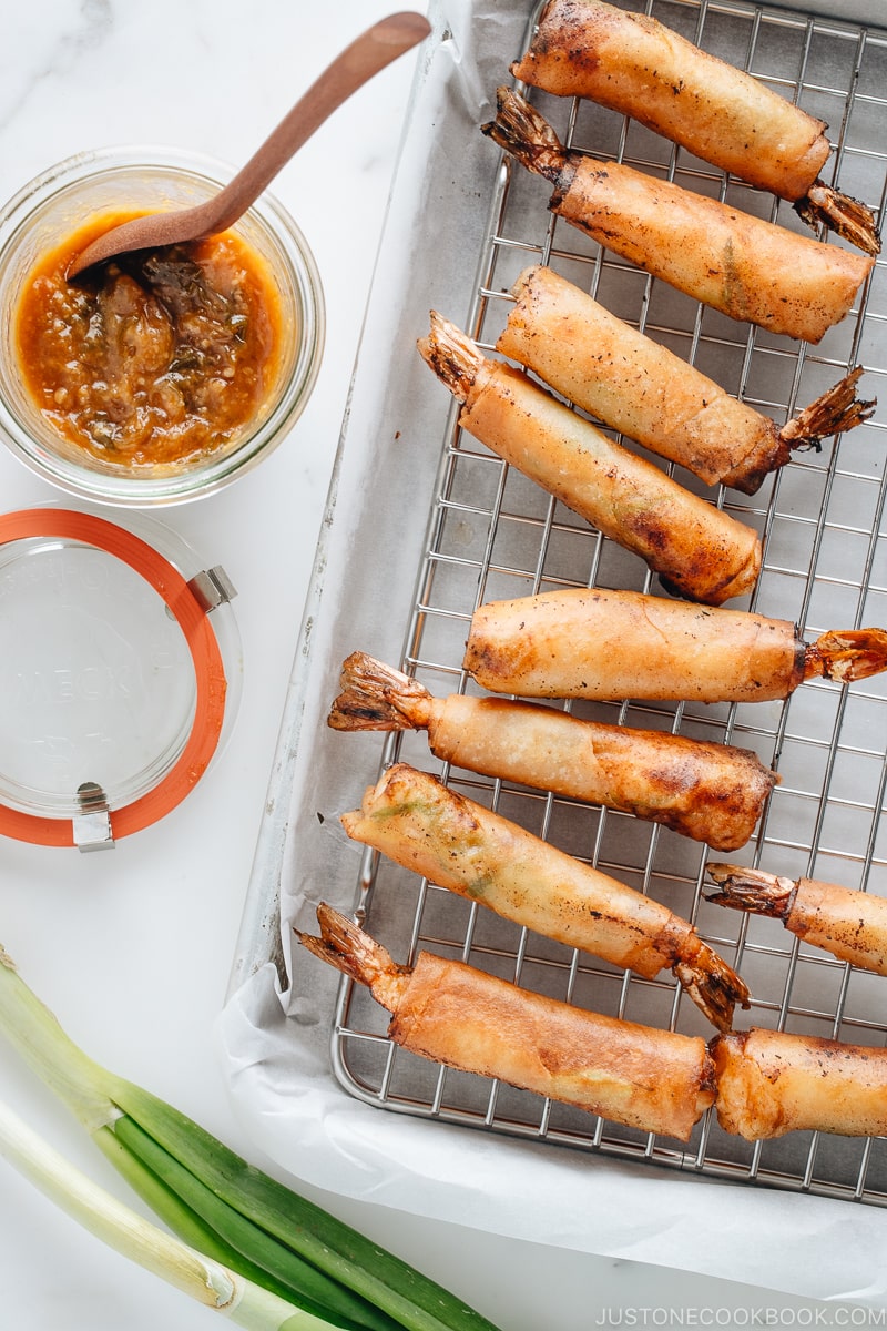 Shrimp Egg Rolls on the wire rack along with Negi Miso Sauce.