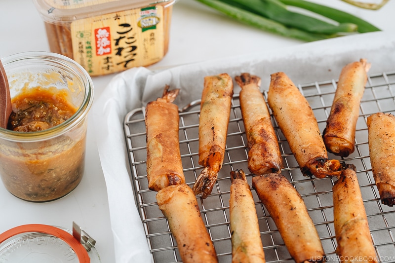 Shrimp Egg Rolls on the wire rack along with Negi Miso Sauce.