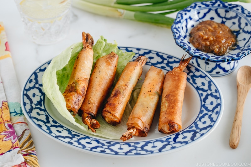 Shrimp Egg Rolls on a serving platter along with Negi Miso Sauce.