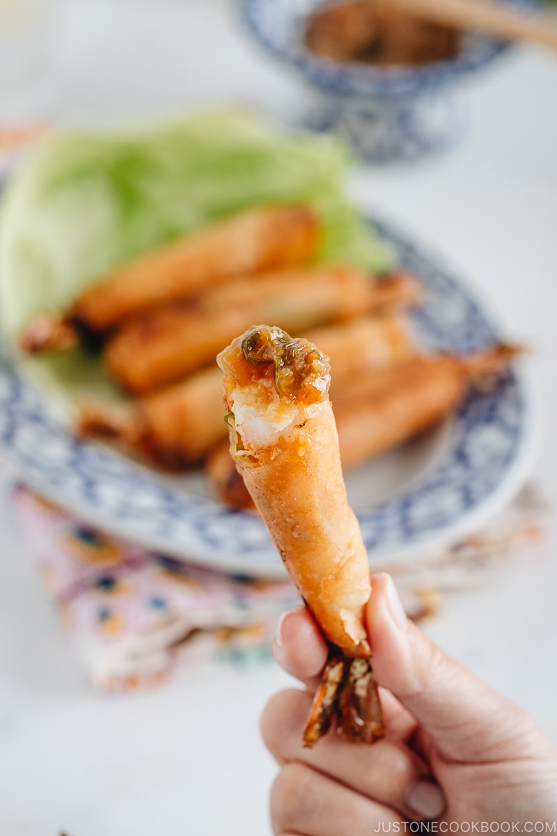 Shrimp Egg Roll dipped in Negi Miso Sauce.