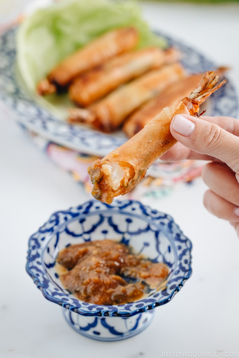 Shrimp Egg Roll dipped in Negi Miso Sauce.