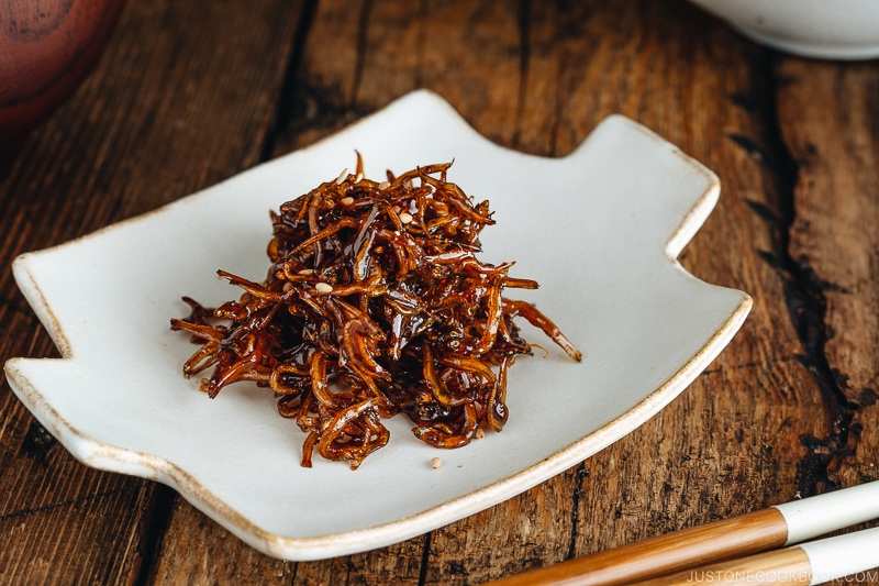 Baby Sardine Tsukudani (Jako Tsukudani) on a white plate.