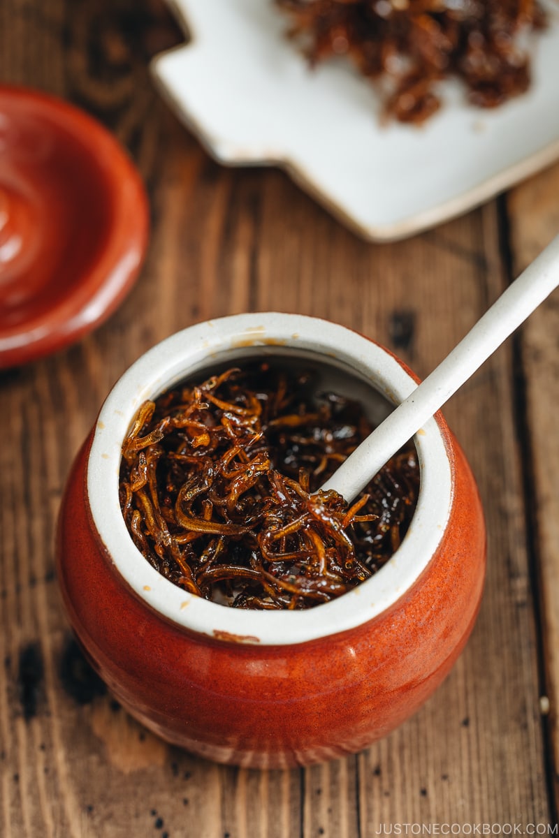 Baby Sardine Tsukudani (Jako Tsukudani) on a ceramic container.