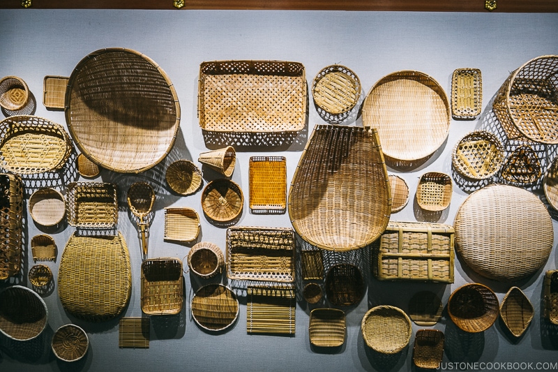 woven baskets on a wall - Nikko Travel Guide : Edo Wonderland Nikko Edomura | www.justonecookbook.com