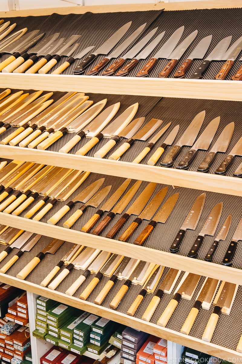 Kikuichi knives displayed on a shelf - Your Guide to Japanese Knives | www.justonecookbook.com 