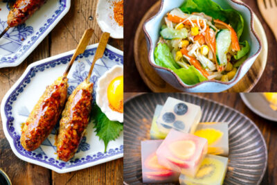 Easy Japanese potluck recipes like fruit jelly, kani salad, yakitori and more.