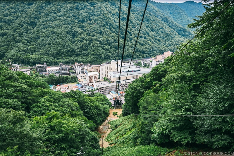 view of Kinugawa Onsen town from the ropeway - Nikko Travel Guide : Kinugawa Onsen | www.justonecookbook.com