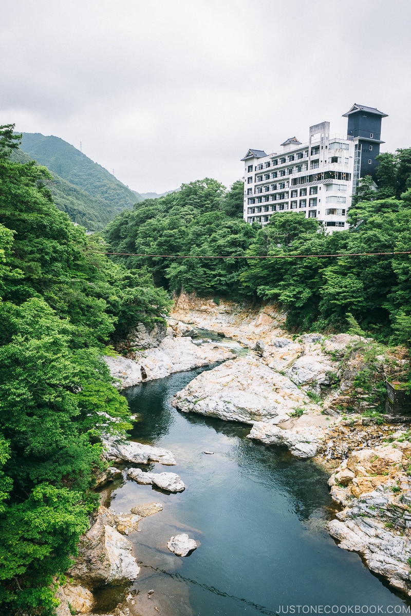 Kinugawa River with a hotel in the background - Nikko Travel Guide : Kinugawa Onsen | www.justonecookbook.com