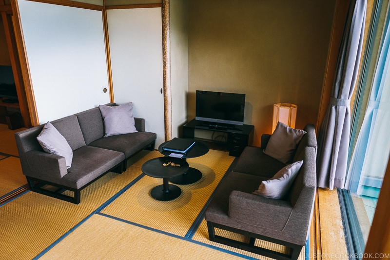 sitting area with sofa inside hotel room at Hoshino Resorts KAI Nikko - Things to do around Lake Chuzenji | www.justonecookbook.com