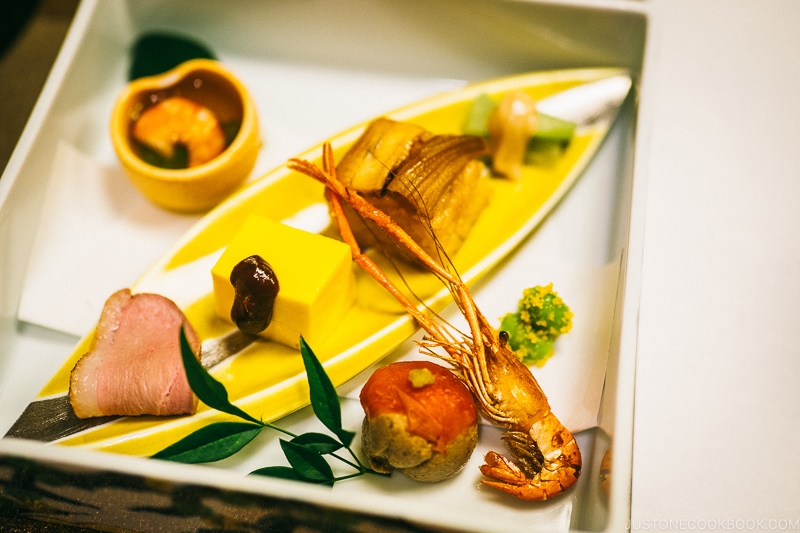conger eel sushi, sardine, shrimp, pumpkin tofu, roasted duck appetizer at Hoshino Resorts KAI Nikko - Things to do around Lake Chuzenji | www.justonecookbook.com