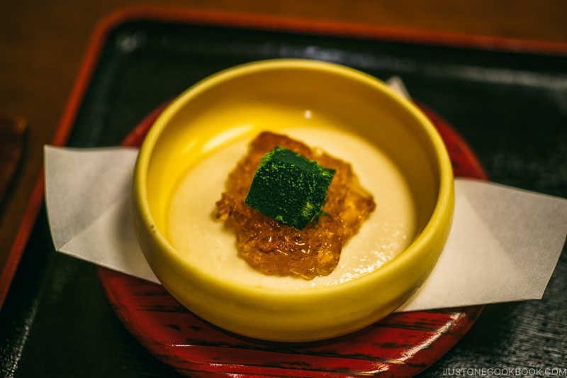 yuba mousse with black honey jelly and freezed drive tofu at wagyu beef steamed in oya stone at Hoshino Resorts KAI Nikko - Things to do around Lake Chuzenji | www.justonecookbook.com