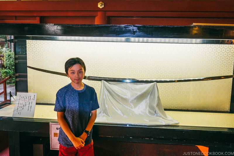 child standing in front of a long sword on display at Nikko Futarasan Jinja - Places to Visit and Things to do in Nikko | www.justonecookbook.com