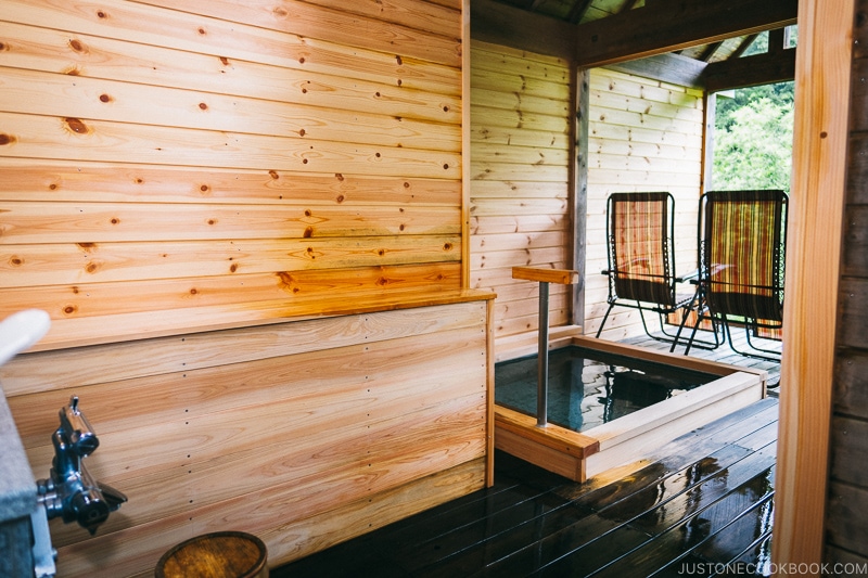 Private onsen on balcony at Okunoin Hotel Tokugawa - Places to Visit and Things to do in Nikko | www.justonecookbook.com