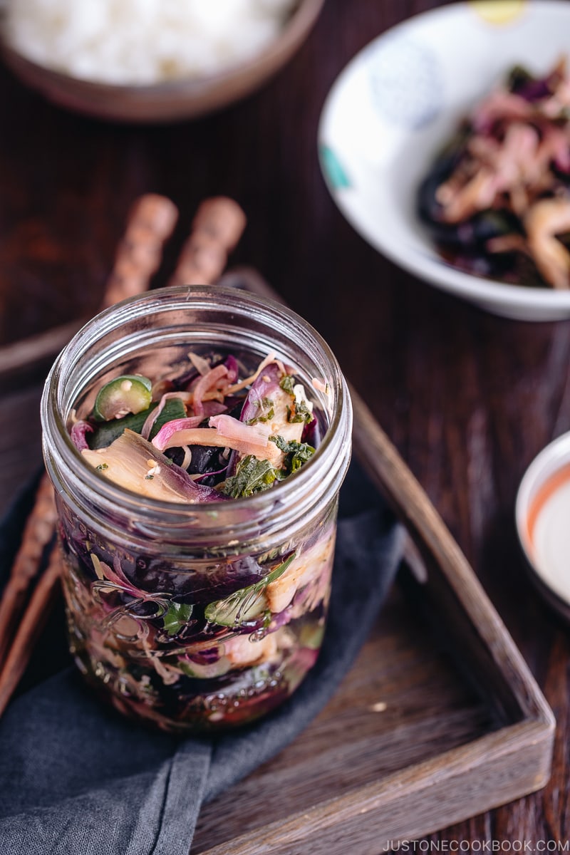 Shibazuke Pickles in a mason jar.