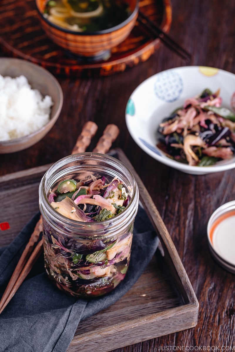 Shibazuke Pickles in a mason jar.