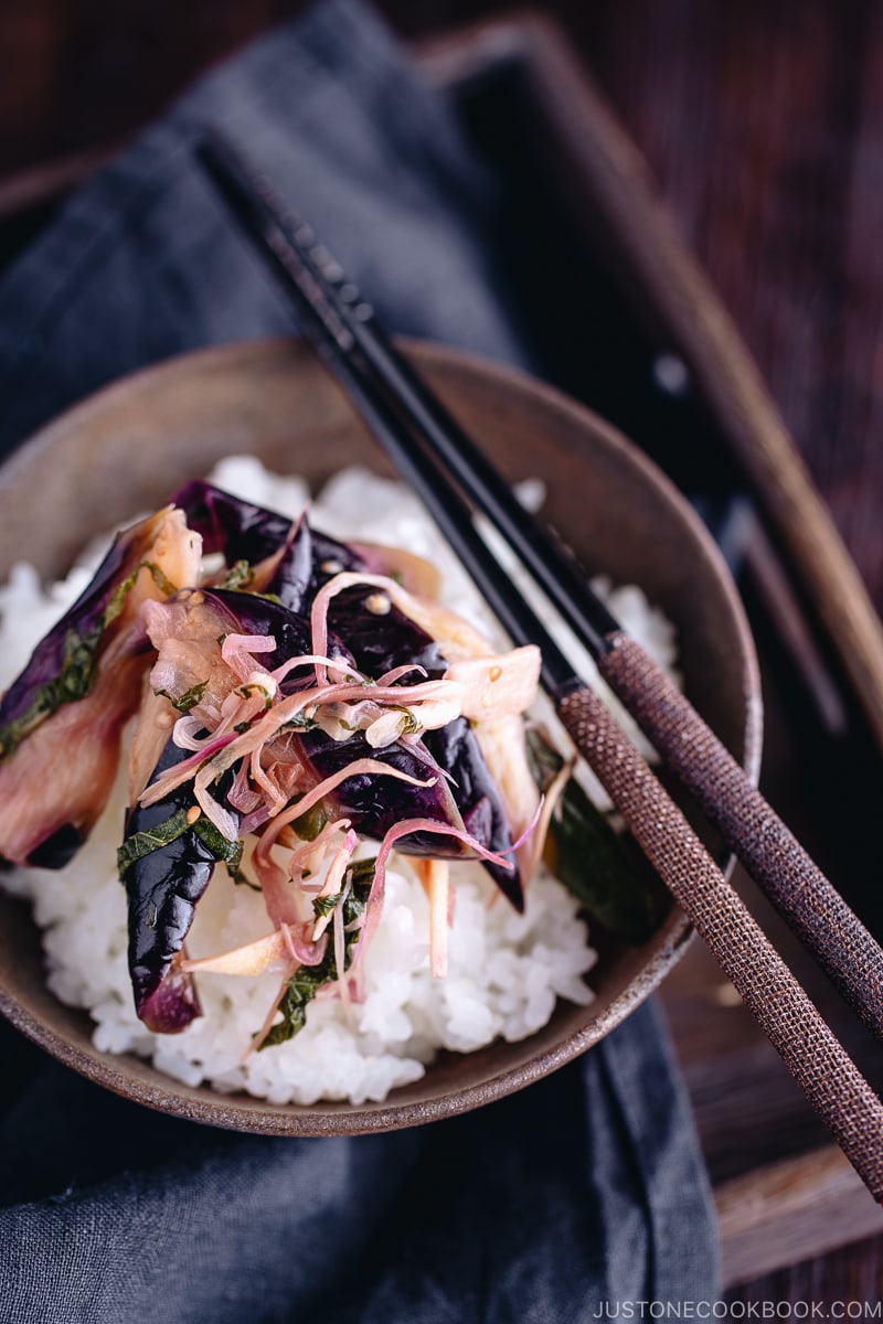 Shibazuke Pickles on a steamed rice.