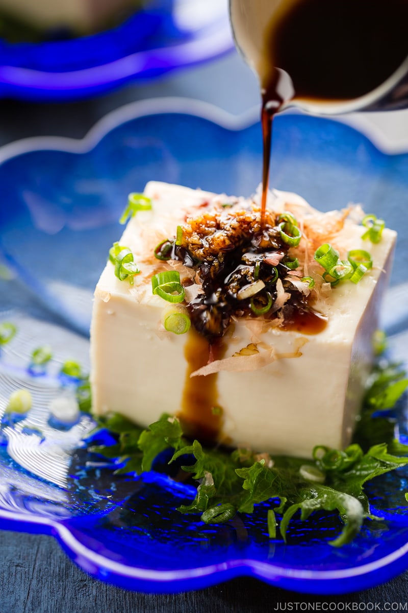 Hiyayakko (Japanese Chilled Tofu) on a blue plate.