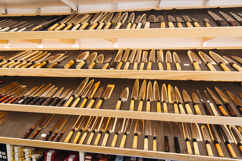 Kikuichi knives displayed on a shelf - Your Guide to Japanese Knives | www.justonecookbook.com 