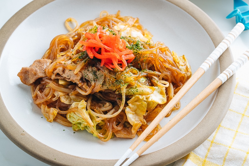 A plate containing Yakisoba with Malony Glass Noodles.