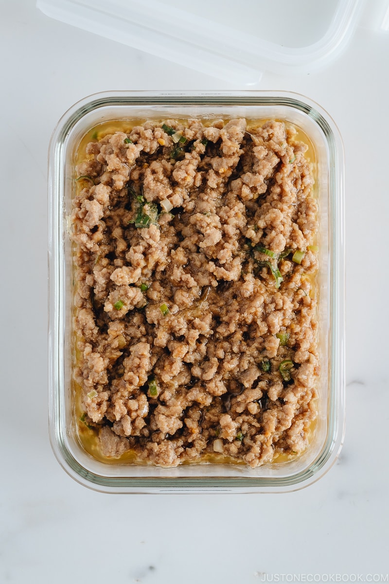 Miso meat sauce in a glass container.