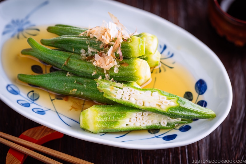 Okra Ohitashi (Japanese Okra Salad) on a plate.