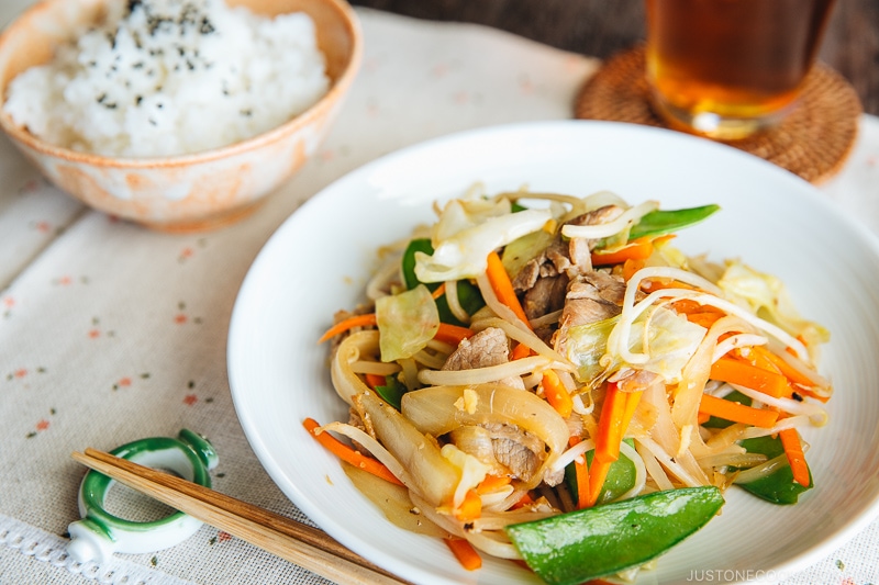 A white plate containing Stir Fry Vegetables (Yasai Itame)