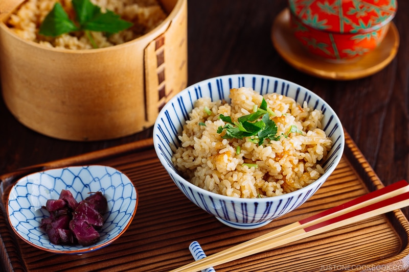 Rice bowl containing sweet onion takikomi gohan.